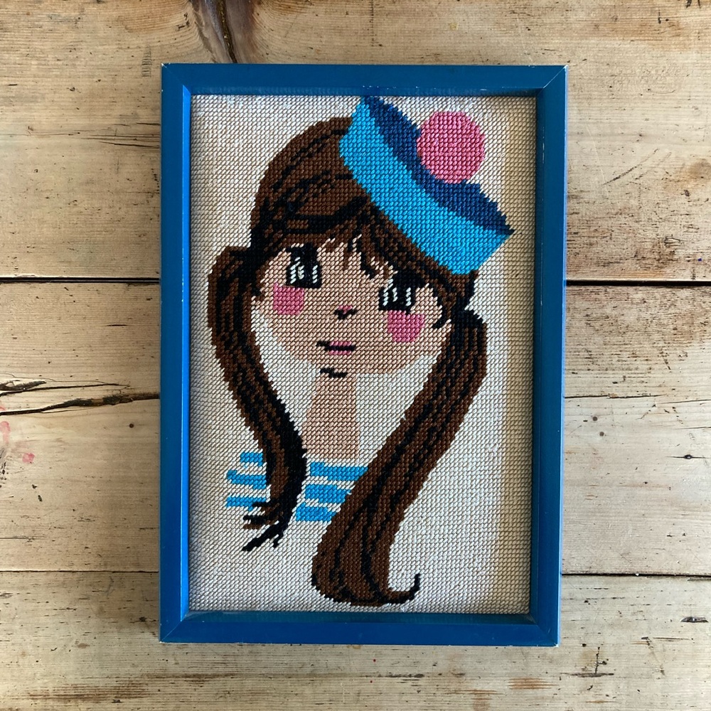Vintage wood frame finished cross stitch needlepoint sailor girl 9.5 x 13.5